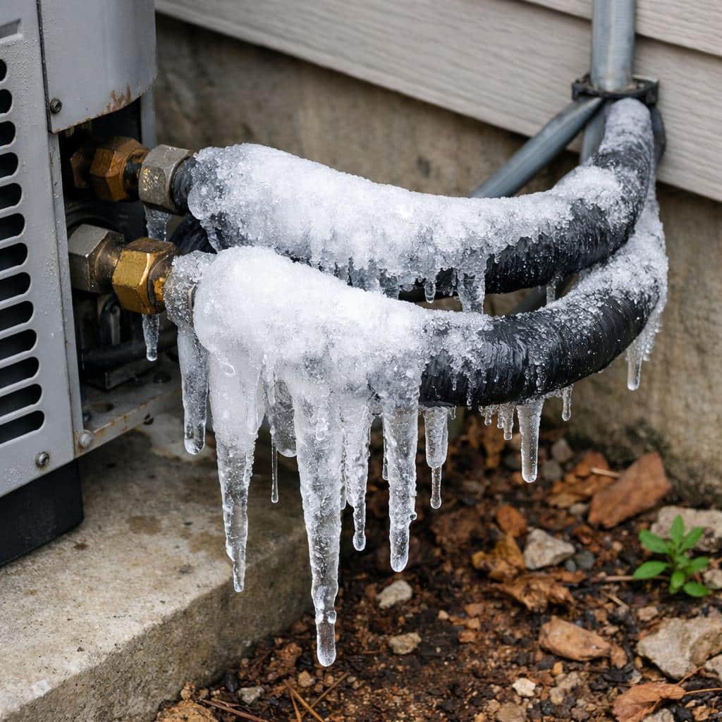 Ice buildup on an HVAC refrigerant line indicating a cooling system problem